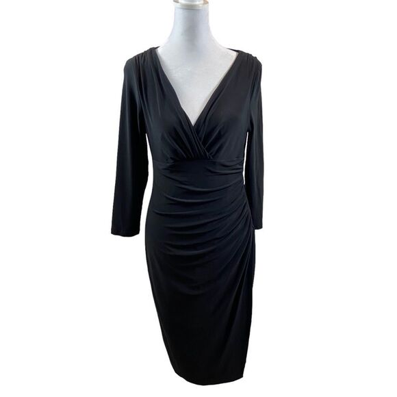 Lauren Ralph Lauren Dress Black Faux Wrap Dress V neck Size 6 - Picture 1 of 12